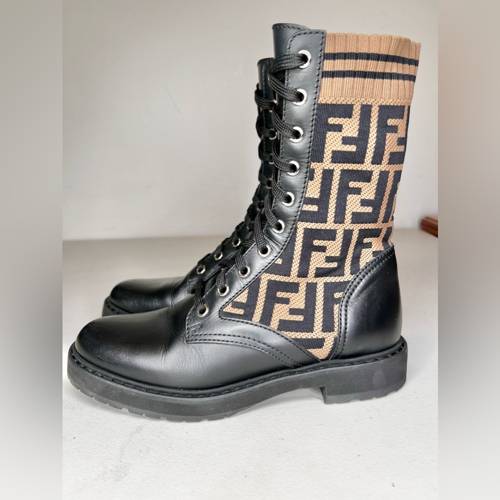 Authentic Fendi Rockoko Knit Leather Combat Boots Lace Up Size 7 - Picture 2 of 8